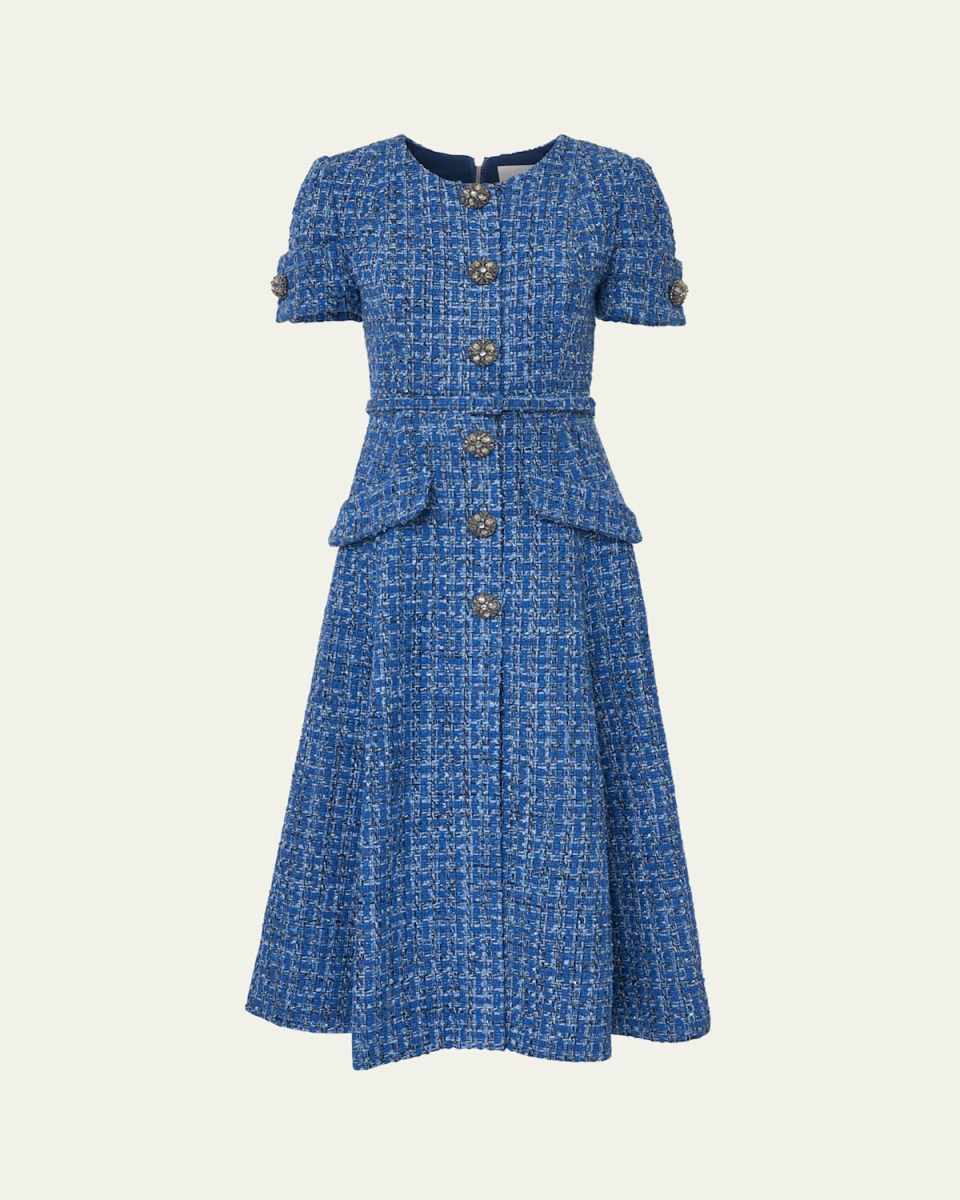 Crystal Button-Front Tweed Midi Dress With Belt